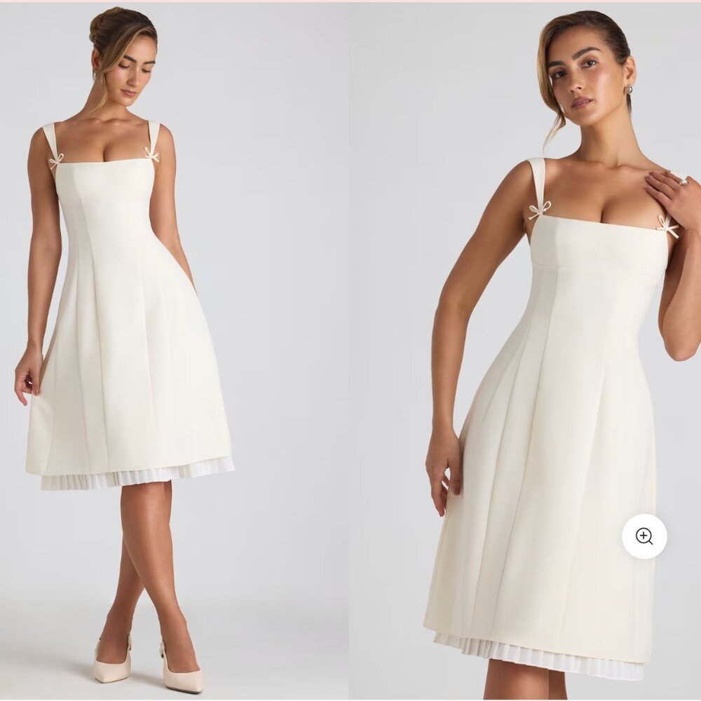 Isadora Bow-Detail Pleated A-Line Midi Dress in Ivory